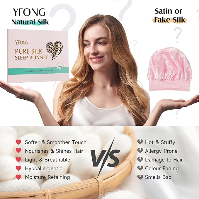 YFONG 100% Mulberry Silk Bonnet for Sleeping Women Men, Large Double Layer