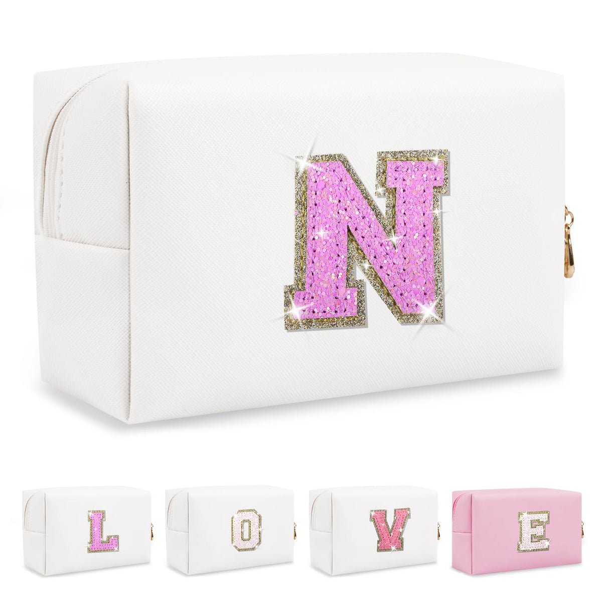 Personalized Initial A-Z Preppy Patch Makeup Bag,Small PU Chenille Letter Cosmetic Bag with Zipper for Teen Girls,Pink Cute Toiletry Organizer Bag,Monogram Makeup Case Gift for Women Girls,Letter N