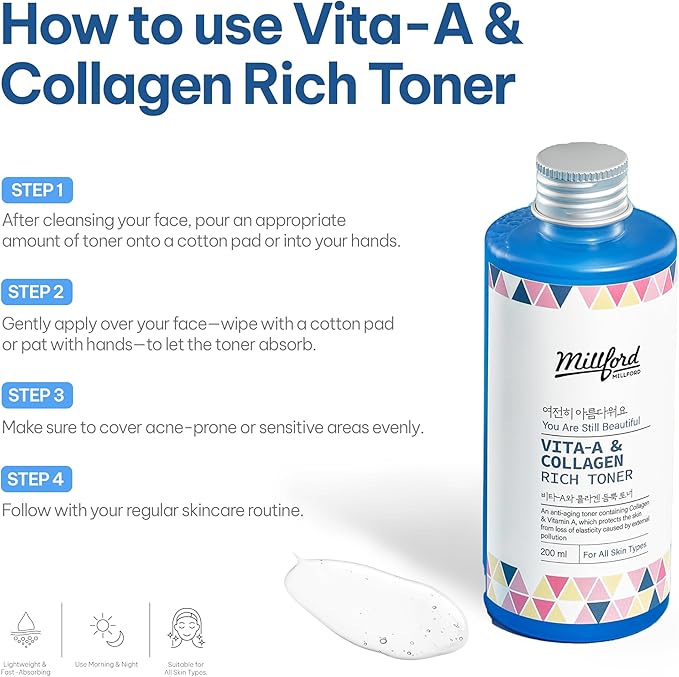 Millford Vita A & Collagen Rich Toner 200ml/6.76 fl.oz - Anti-Aging Retinol Face Toner with Marine Collagen & Panthenol for Fine Lines, Wrinkles, Elasticity & Deep Hydration, Korean Skincare
