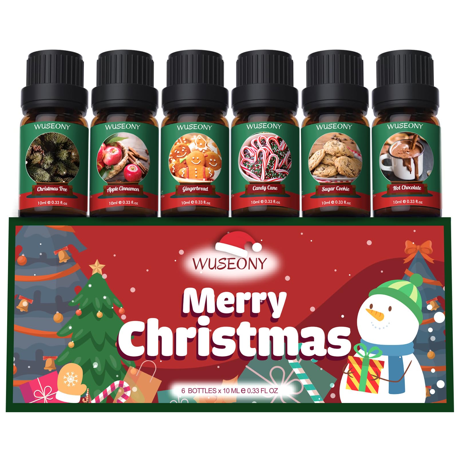 WUSEONY Christmas Fragrance Oils Set, Essential Oils for Diffusers Home, Aromatherapy Oils Gift for Candle Making - Christmas Tree, Apple Cinnamon, Gingerbread, Candy Cane, Sugar Cookie, Hot Chocolate