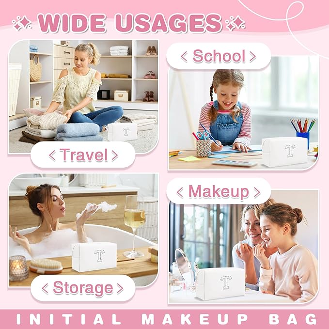 Bride Gifts – Personalized Initial Makeup Bag with Pearl Rhinestone Patch, Preppy White Monogram Cosmetic/Toiletry Pouch, bridesmaid Gifts, Bridal Shower Gifts, Wedding Gifts, Bridal Gifts,T