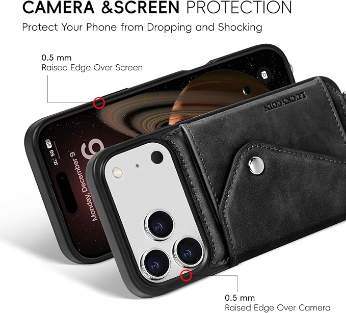 LUCKYCOIN Crossbody Phone Case for iPhone 17 Pro Max, 100% Genuine Leather Phone Wallet Case for Women, Premium Hands-Free Phone Purse with Expandable Flip Card Holder & Adjustable Strap - Retro Black