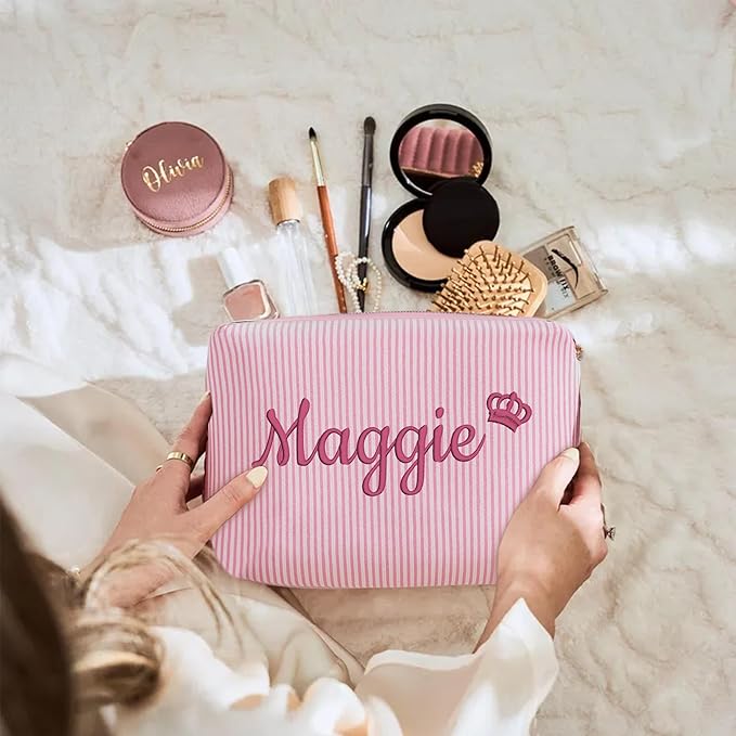 Ajiangwu Personalized Makeup Bag with Embroidered Name&Birth Flower for Bridesmaid Gifts,Custom Small Travel Cosmetic Bag Toiletry Bag Wedding Gifts for Bride