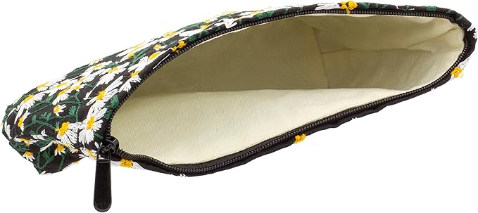 Flat Makeup Bag for Women,Zipper Cosmetic Pouch for Purse,Daisy Black