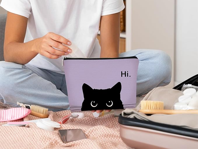 BARPERY Cute Cat Makeup Bag, Black Kitty Cosmetic Pouch - Retro Stripes