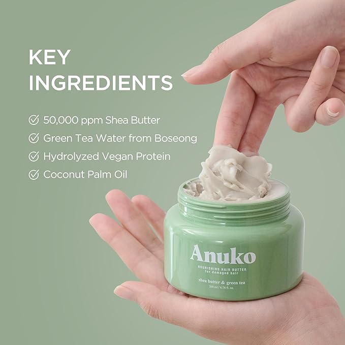 Anuko Hair Butter, Nourishing Treatment Mask for Damaged Hair, Shea Butter & Green Tea, Korean Hair Care, 6.7 oz
