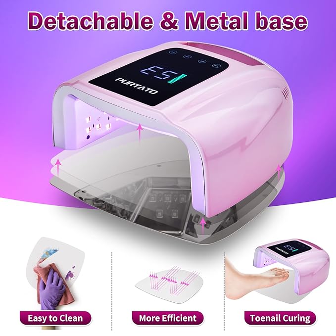 PURTATO Professional Rechargeable 96W UV LED Portable Cordless UV Light for Nail Lamp Machine with Removable Stainless Steel Bottom,4 Timer Setting and Smart Sensor Nail Dryer (Plating Pink)