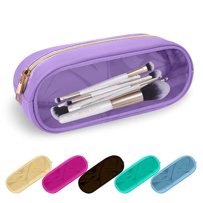 UIXIZQ Clear Small Pencil Pouch Makeup Bag for Purse,Nylon&PVC Pencil Case Waterproof Makeup Brush Holder with Zipper,Preppy Transparent Pen Bag Travel Cosmetic Bag for Women Men Office(Slim-Purple)