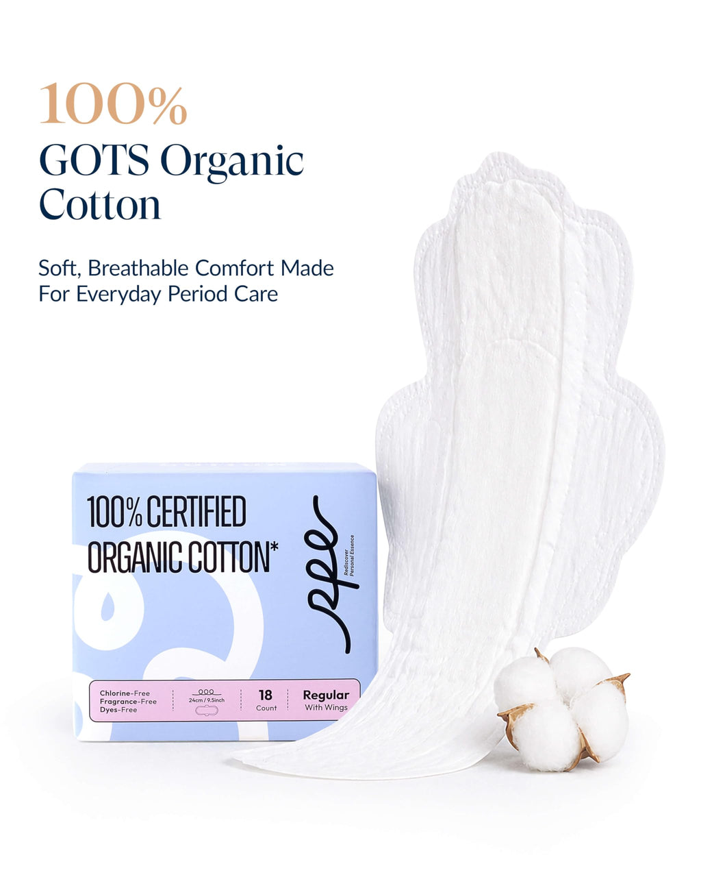 RPE Life 100% GOTS Organic Cotton Period Pads with Wings, Size 3, 18 Count