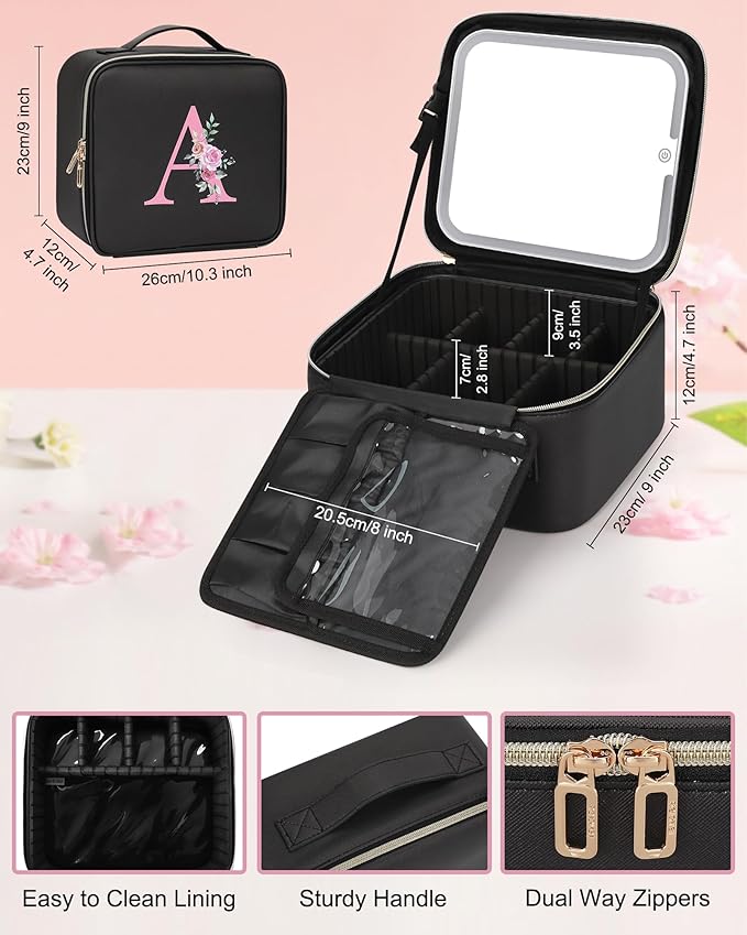 Relavel Initial Makeup Bag with LED Mirror for Women, Personalized Travel Cosmetic Organizer Train Case, Birthday Gifts for Teens Girls Grandkids Graduation Teacher Friends, Trendy Stuff, Black A