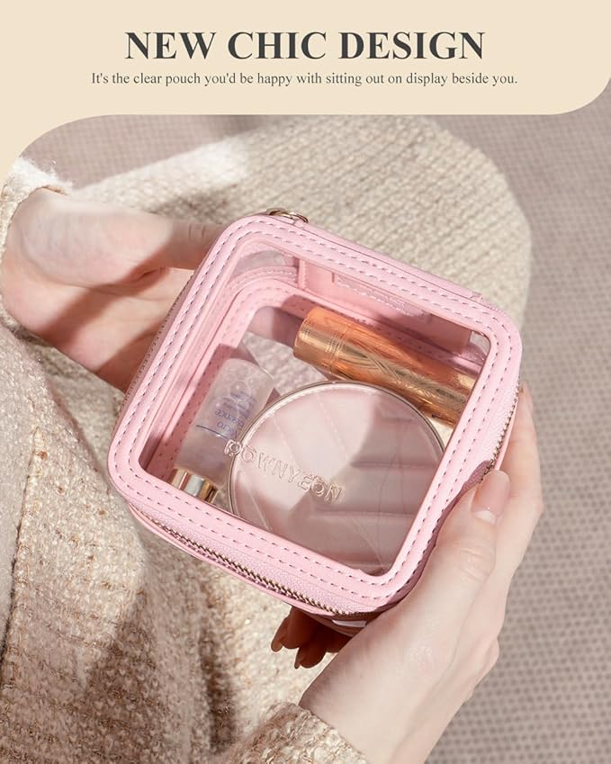 Camdeez Rownyeon Clear Cosmetic Bag Mini Makeup Bag Cute Clear Make Up Organizer Case Travel Toiletry Bag Small Pouches for Women with Zipper (Pink, Mini)