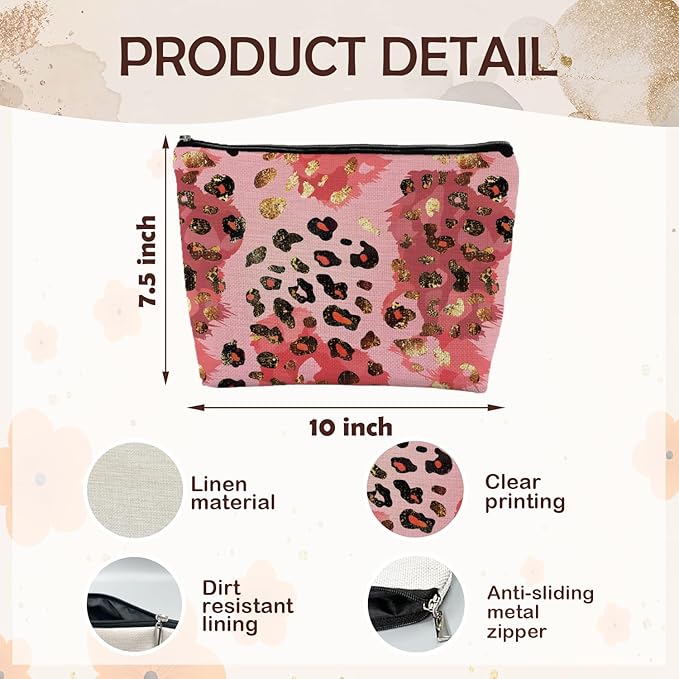 SAFDSGFDB Gold and Pink Leopard Print Makeup Bag, Preppy Girly Cosmetic Bags Gifts for Women, Funky Y2k Cheetah Print Portable Travel Toiletry Bag Zipper Makeup Pouch
