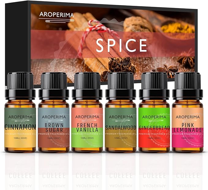 AROPERIMA Spice Essential Oils Set - 6 Sweet & Warm Scents for Diffuser, Candle & Soap Making (Gingerbread, Pink Lemonade, French Vanilla, Cinnamon, Brown Sugar, Sandalwood) 6x10ml