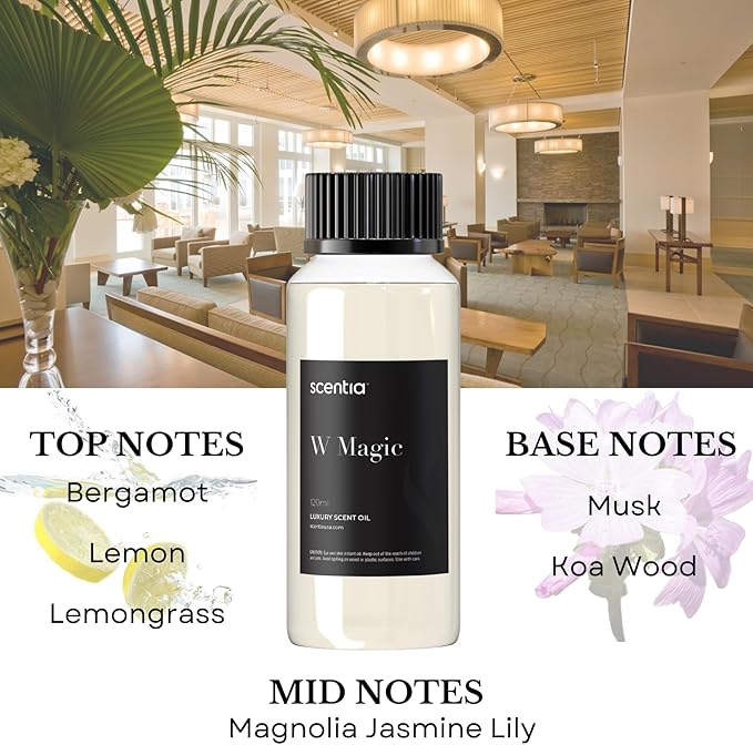 Scentia W Bliss (W Magic) Diffuser Oil Refill – Hotel Fragrance Oil Inspired by W Hotel – 120 mL – Bergamot, Lemongrass & Jasmine Long-Lasting Scent for Ultrasonic & Waterless Diffusers, Made in USA