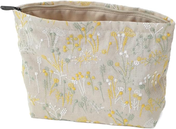 BBORGDC Floral Cotton Embroidered Makeup Bag - Large Capacity Cosmetic Pouch for Travel, Makeup Organizer & Toiletry Bag with Zipper, Perfect for Daily Use & Gifts
