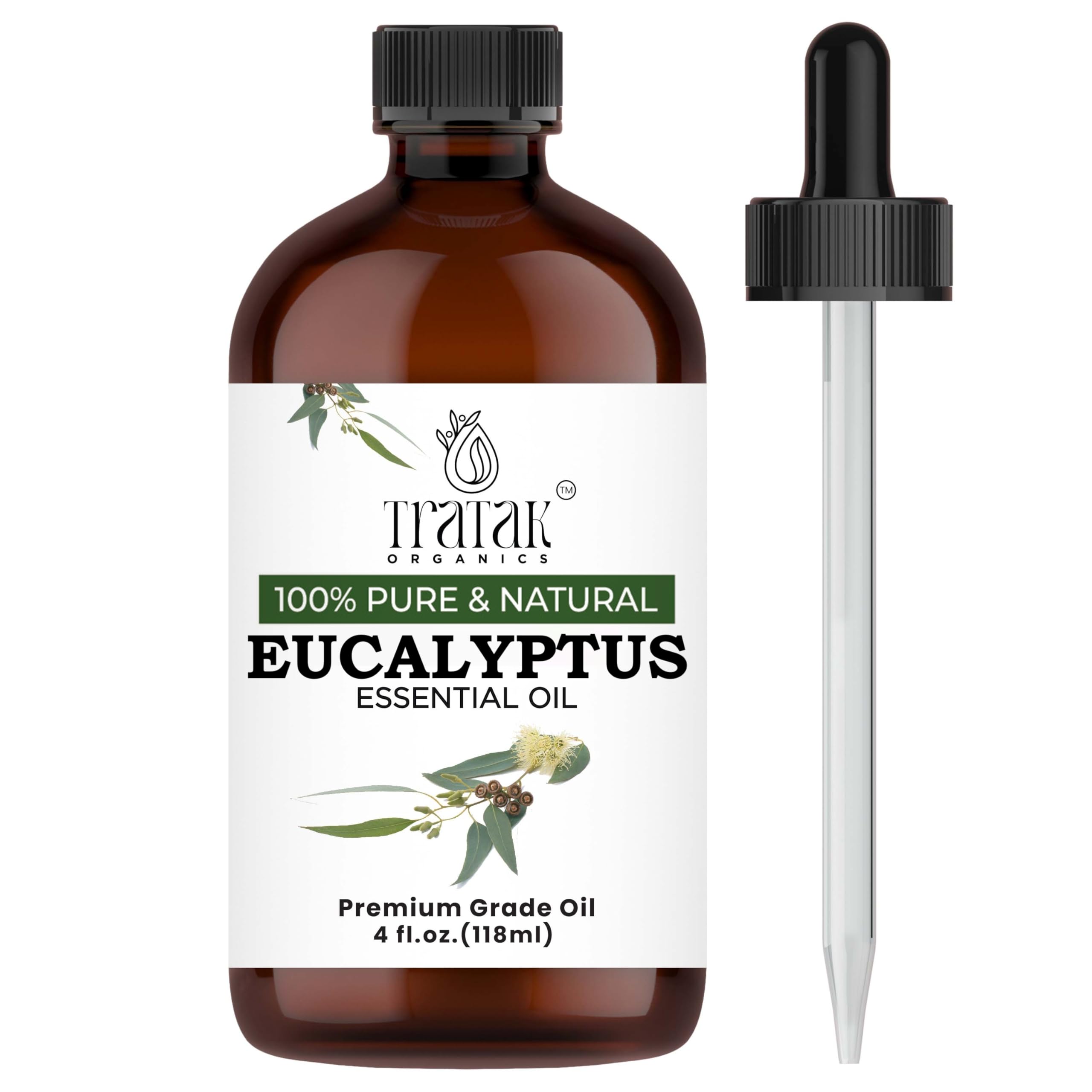 TRATAK ORGANICS 100% Pure Natural Undiluted Eucalyptus Essential Oil (4oz) Premium Therapeutic Grade Aromatherapy