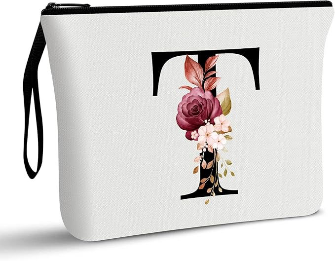 Vavabox A-Z Personalized Makeup Bag, Birthday Gifts for Women Mom, Gifts for Best Friend, Bride Bridesmaid Cosmetic bag (T, 01-White)