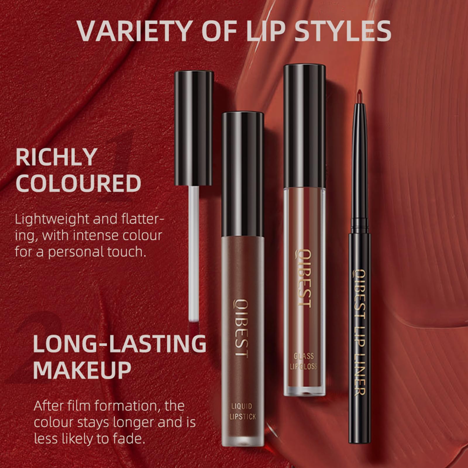 QiBest 3-in-1 Dark Red Lipstick Set for Women & Teen Girls, Matte Liquid Lipstick + Lip Gloss + Gel Lip Liner Pencil Trio Lip Gift Kit for 24 Hours Long Lasting & Waterproof Lip Makeup (Hot Chocolate)