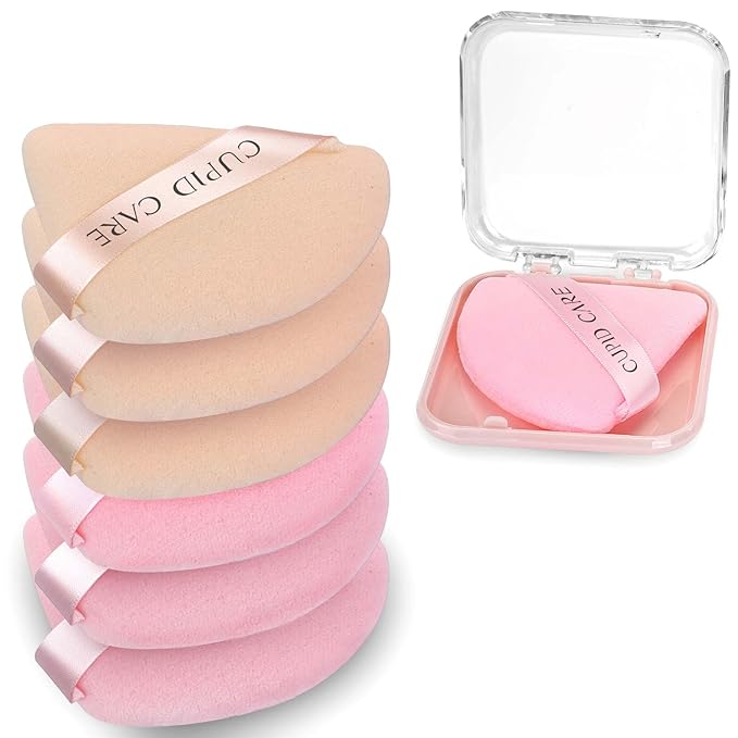 CUPID CARE 6 Pcs Triangle Powder Puff with 2 Travel Cases, Setting Powder Puffs for Face Powder and Foundation, Velour Makeup Puff for Loose Powder Body Powder, Skin-Friendly, Beauty Makeup Tools