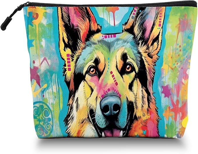 Scribesense Cosmetic Bags Travel Makeup Toilet Case Waterproof Pouch for Women Girls 6.7X9.45inches - German Shepherd in A Color - Splashed Artistic Background