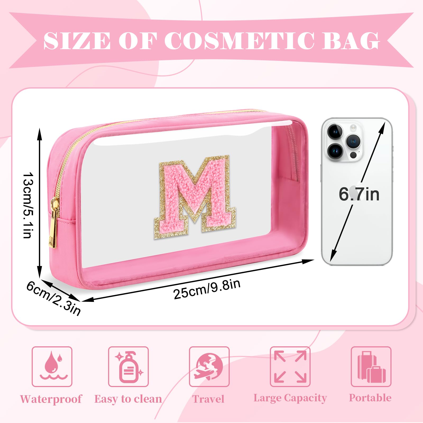 Personalized Initial Letter Clear Makeup Bag,Preppy Small Nylon&PVC Cosmetic Zipper Bag with Chenille Letter,Portable Beach Travel Skincare Toiletry Bag,Trendy Monogram Gift for Teen Girls Women,M