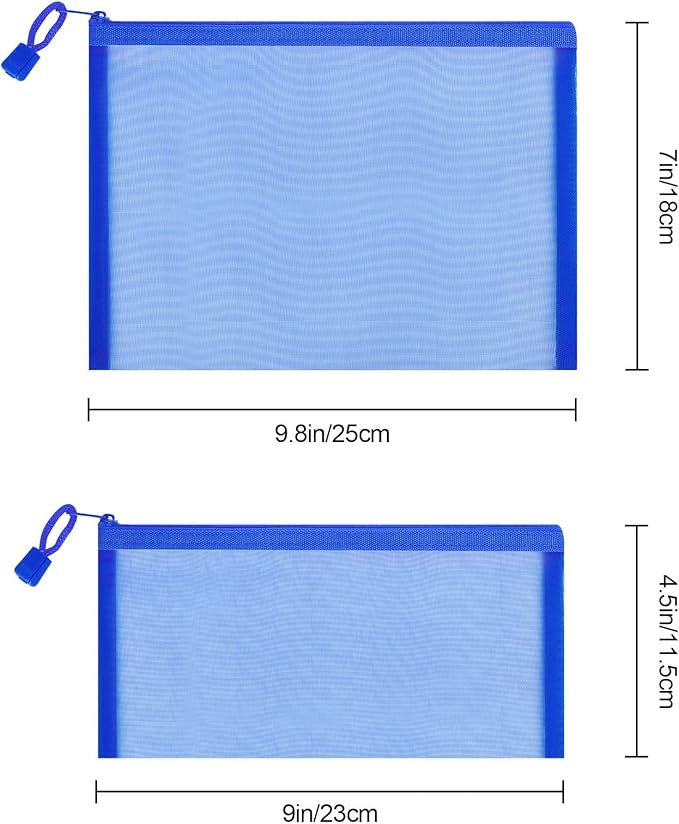Sinzip 12 Pieces Zipper Nylon Mesh Pouch, Mesh Cosmetic Bags Makeup Bags Pencil Case, Multipurpose Travel Bags for Cosmetic School Office Supplies and Travel Accessories (Blue, A5+B6)