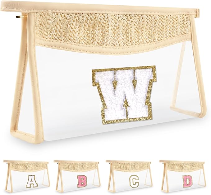 UIXIZQ Personalized Initial Letter Bag Boho Straw Clear Makeup Bag,Small Cute Chenille Varsity Letter Bag With Zipper,Beach Travel Toiletry Bag,Portable Monogrammed Cosmetic Bag for Women Girls,W
