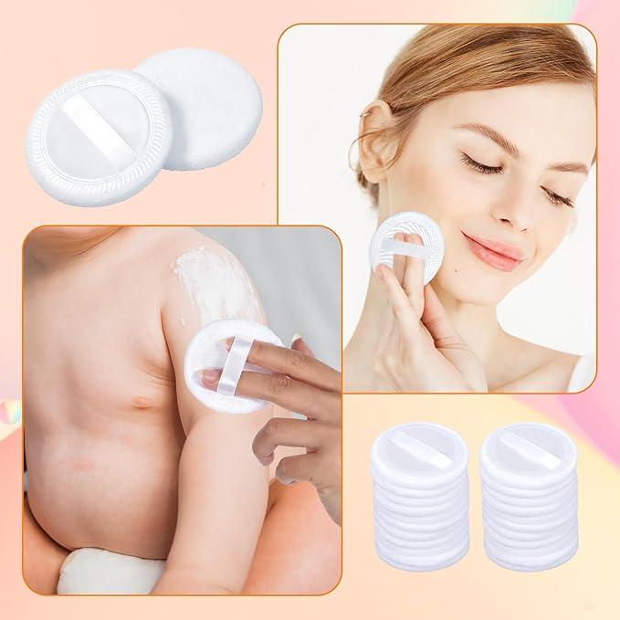 YBEATY 40PCS Cotton Makeup Puffs Pure Cotton Soft Washable Loose for Powders Foundation with Ribbon 2.36 Inch Round Makeup Dusting Powders Puff for Loose Body Wet Dry