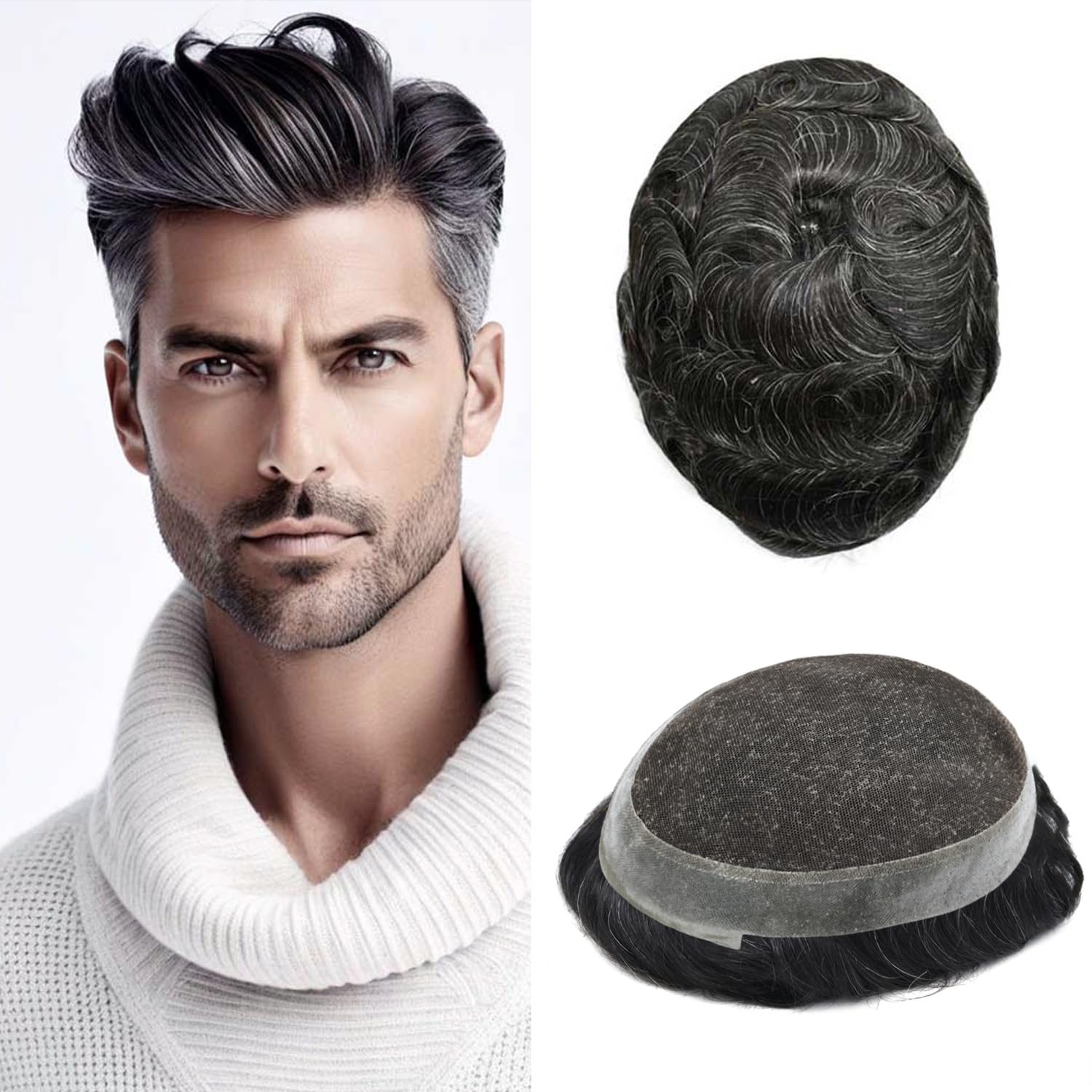 FACE MIRACLE Toupee for Men French Lace Hairpiece Human Hair Replacement System Skin PU Mens Toupee Hair Wigs for Man V-Looped Front Hair Prosthesis 6"X8" 4# MEDIUM BROWN — 8X10