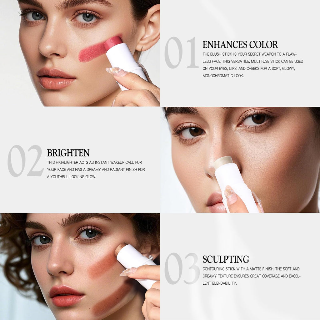 bayfree 3 PCS Makeup Cream Contour Stick Set, Highlighter Stick & Bronzer Stick & Blush Stick, Long Lasting, Natural Face Contour, Dewy & Matte Finish, Multi Stick Trio for All Skin
