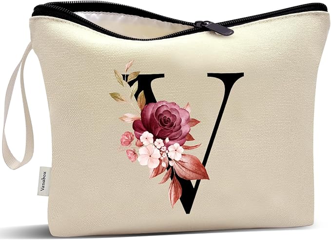 Vavabox A-Z Personalized Makeup Bag, Birthday Gifts for Women Mom, Gifts for Best Friend, Bride Bridesmaid Cosmetic bag (V, Cream Yellow)