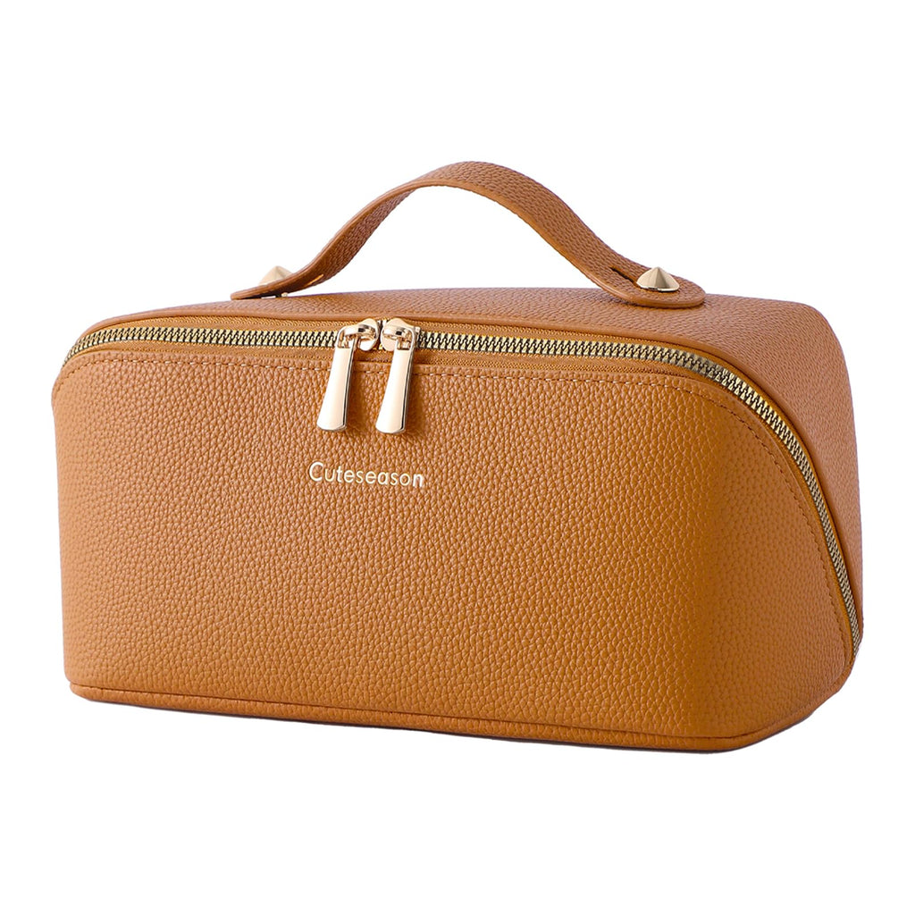 Cuteseason PU Leather Makeup Bag for Women, Structured Makeup Case with Wide Opening, Travel Cosmetic Bag with Compartments and Handle, Water-Resistant Makeup Organizer(Light Brown, Lychee Grain)