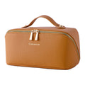 Cuteseason PU Leather Makeup Bag for Women, Structured Makeup Case with Wide Opening, Travel Cosmetic Bag with Compartments and Handle, Water-Resistant Makeup Organizer(Light Brown, Lychee Grain)