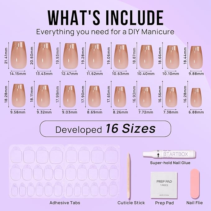 BTArtbox Press On Nails, Gold Dust, Short Coffin, French Glitter, 32Ct