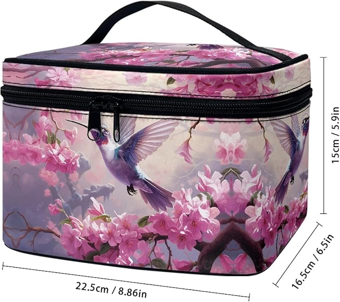 Drydeepin Hummingbird and Pink Flowers Print Travel Makeup Bags for Women Portable Tote Cosmetic Case with Carry Handle Toiletry Accessories Storage Organizer Bags