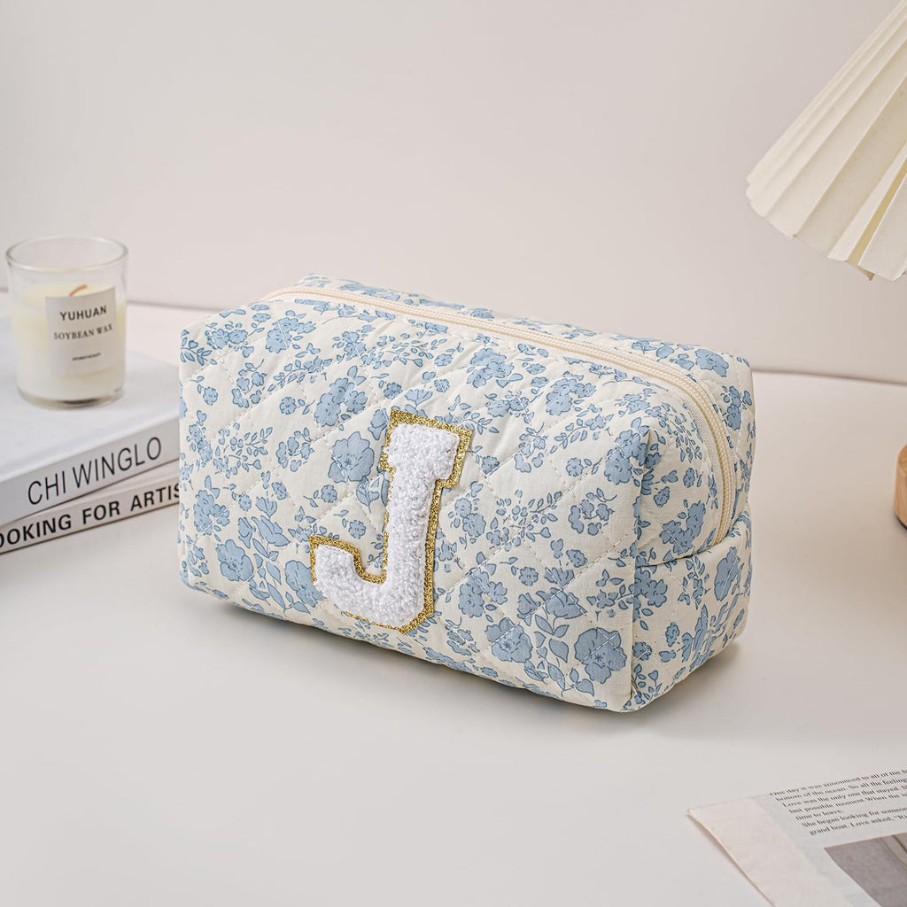 Gleyemor Personalized Initial Makeup Bag for Women, Cute Quilted Blue Floral Cotton Cosmetic Bag, Christmas Gifts for Her Mom Friend Sister Bridesmaid Teacher Women J