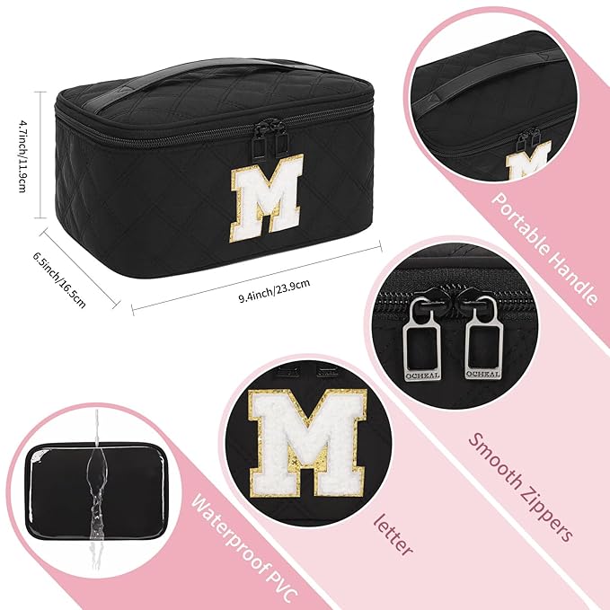 OCHEAL Makeup Bag for Women, Monogram Cosmetic Bag Black Travel Makeup Case Beauty Toiletry Bag Organizer Personalized Gifts for Girls Bridesmaid, Sister, Wife, Friends Initial M