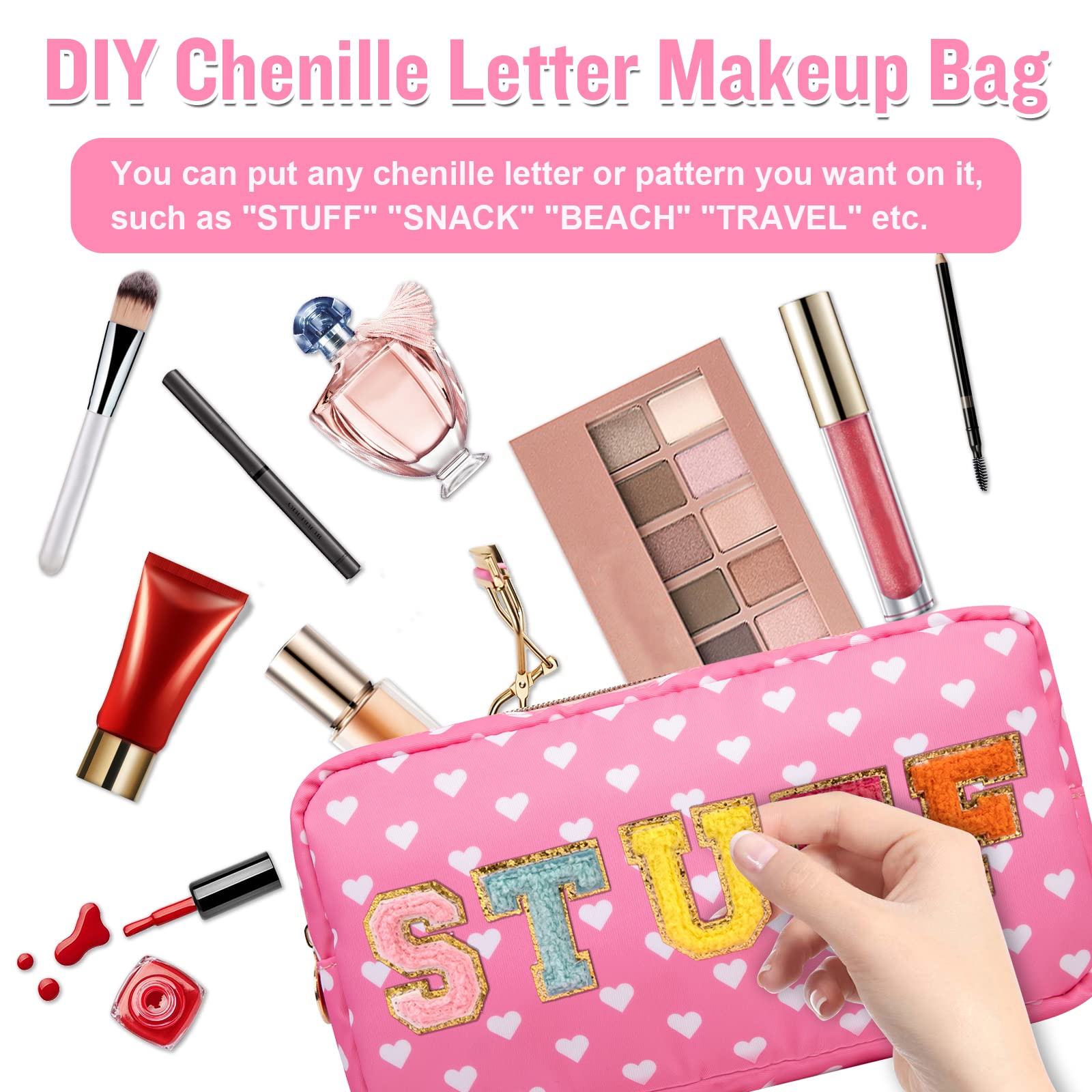 Nylon Small Makeup Bag for Purse, Cute Makeup Bag Preppy Cosmetic Zipper Pouch Purse, Waterproof Portable Travel Toiletry Bag Clutch Makeup Brush Bag Organizer Storage for Women Men Girls(Pink Heart)