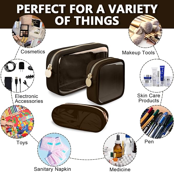 UIXIZQ Clear Small Pencil Pouch Makeup Bag for Purse,Nylon&PVC Pencil Case Waterproof Makeup Brush Holder with Zipper,Preppy Transparent Pen Bag Travel Cosmetic Bag for Women Office(Slim-Chocolate)