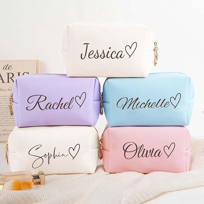 Fincekoom Personalized Makeup Bag with Name & Birth Flower, Custom Leather Cosmetic Bags for Women, Customized Travel Toiletry Bag Gifts for Bridesmaid Wedding