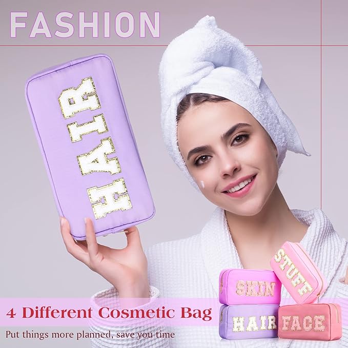 Cunno Preppy Makeup Bags Chenille Letter Stuff Bag Nylon Cosmetic Pouch Cases with Zipper for Women Travel Toiletry(Mixed Color,Classic,4 Pcs)