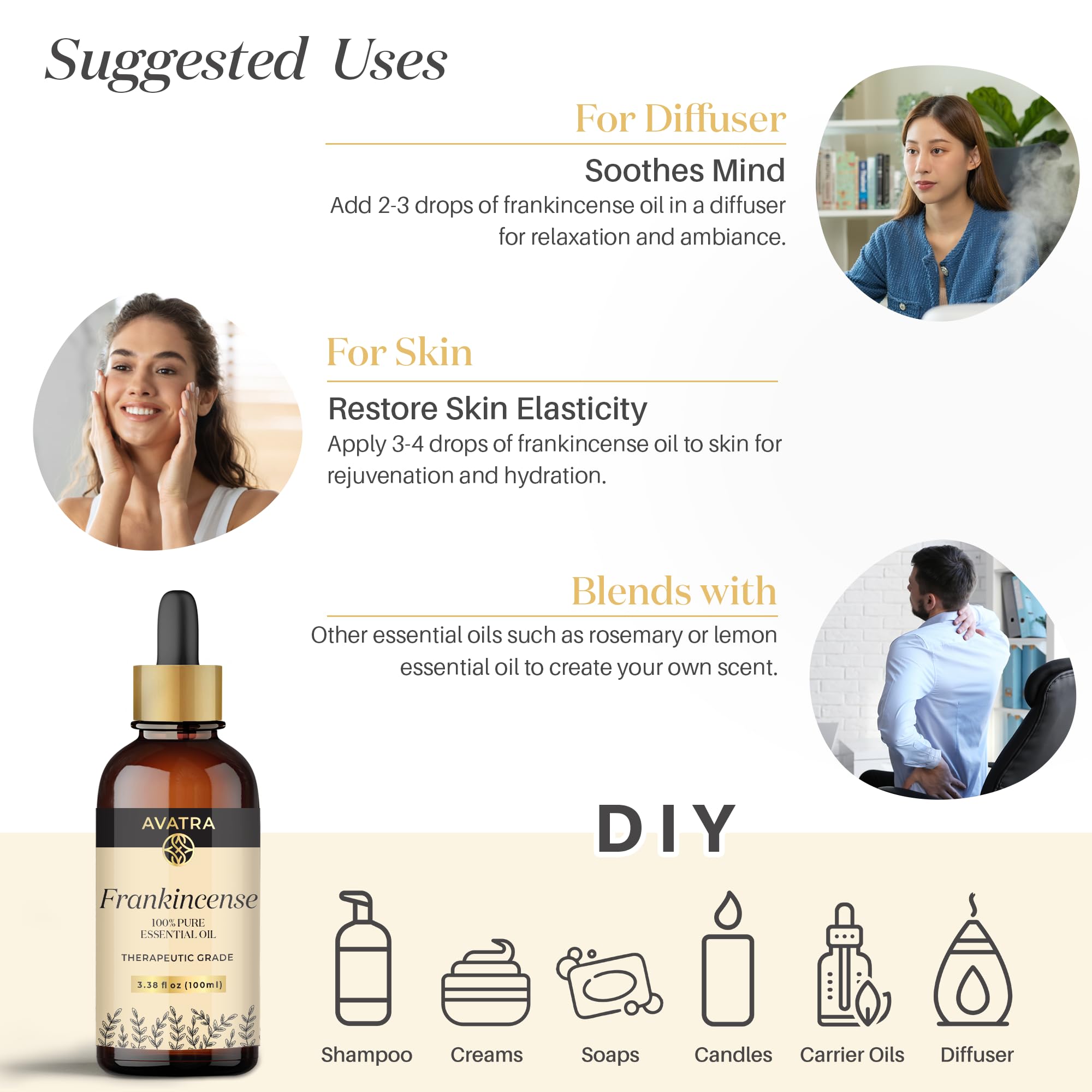 Avatra Frankincense Essential Oil 100ML (3.38 OZ) with Glass Dropper and Travel Bottle, Pure and Natural Therapeutic Grade Frankincense Oil for Diffuser, Aromatherapy, Massage, and DIY Candle Products