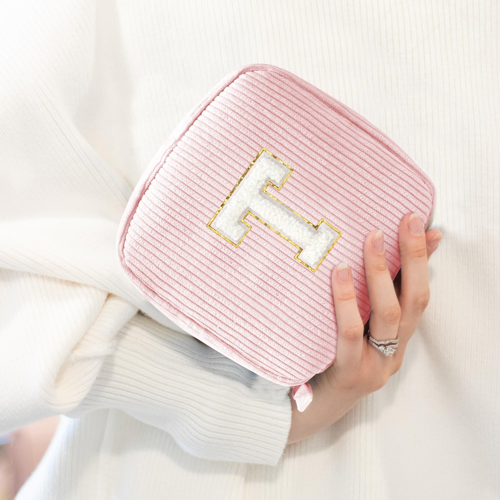 Cute Monogram Initial Makeup Bag - Pink Cosmetic Pouch Make Up Case, Friendship, Birthday Gifts(Letter T, Pink)