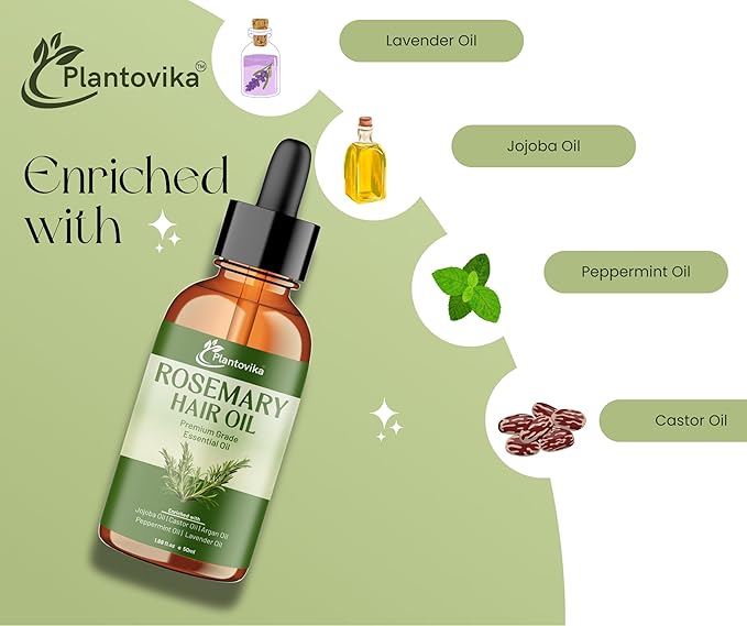 Plantovika Rosemary Oil for Hair Growth, Enriched with Jojoba, Castor, Argan, Peppermint & Lavender Oils, Scalp & Hair Strengthening Treatment, 1.69 oz