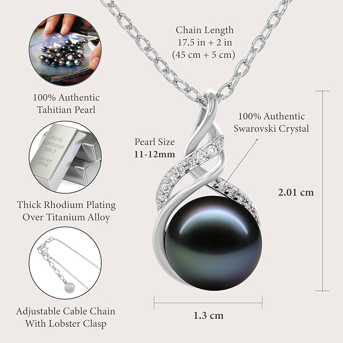 TRYNDI Real Tahitian Black Pearl Necklace Gifts for Women - Larger 11-12mm Luxury Pearl, Mothers Day Gifts For Wife - Christmas Valentines Soulmate Necklace For Women (Black Pearl Knot)