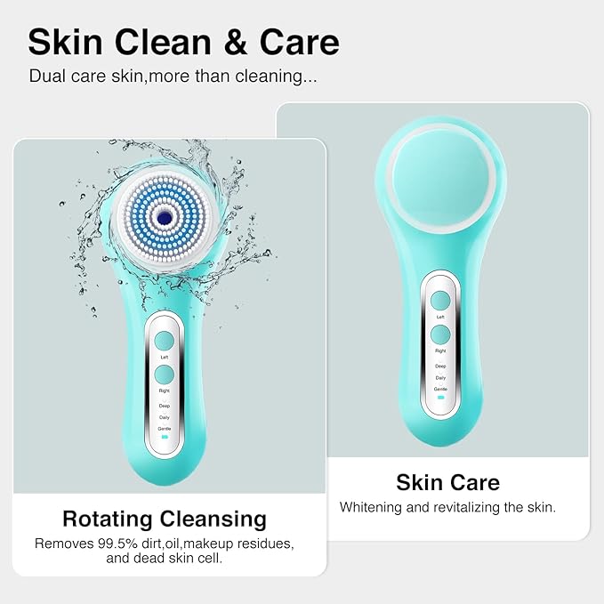 UMICKOO Electric Facial Cleansing Brush, 2-Way Rotating Face Scrubber for Daily & Deep Cleaning, 3 Modes, 5 Brush Heads, Rechargeable, IPX7 Waterproof for All Skin Types