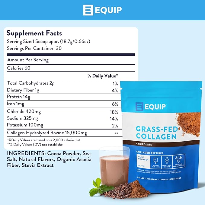 Equip Foods Grass Fed Collagen Powder -100% Hydrolyzed Bovine Collagen Peptides with Amino Acids - Prime Beef Collagen for Healthy Joints, Skin & Nails - Non-GMO, Paleo Friendly, 1.23 Pound, Chocolate