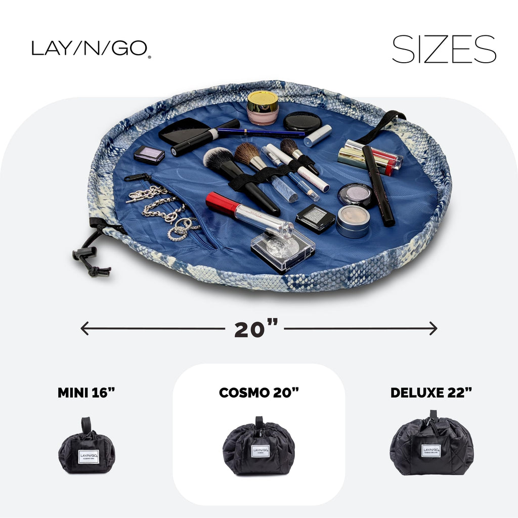 Lay-n-Go Cosmo Drawstring Cosmetic & Makeup Bag Organizer - Portable Drawstring Makeup Bag w/Zipper Pocket, Makeup Loops & More - Durable, Machine Washable Toiletry Bag (20", Blue Snakeskin)