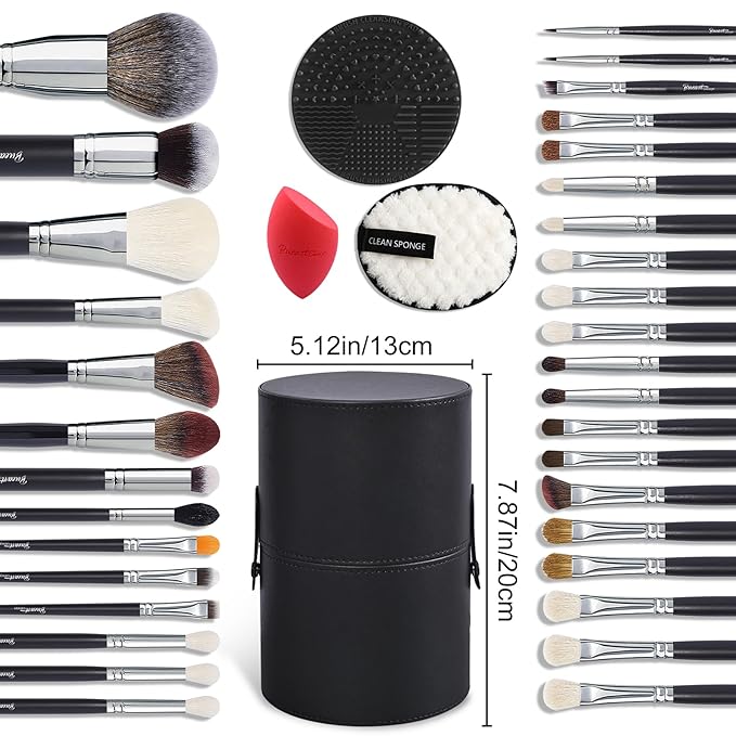 Bueart Design 34Pcs PRO Deluxe Real Goat Hair Horse Hair Makeup Brushes Set