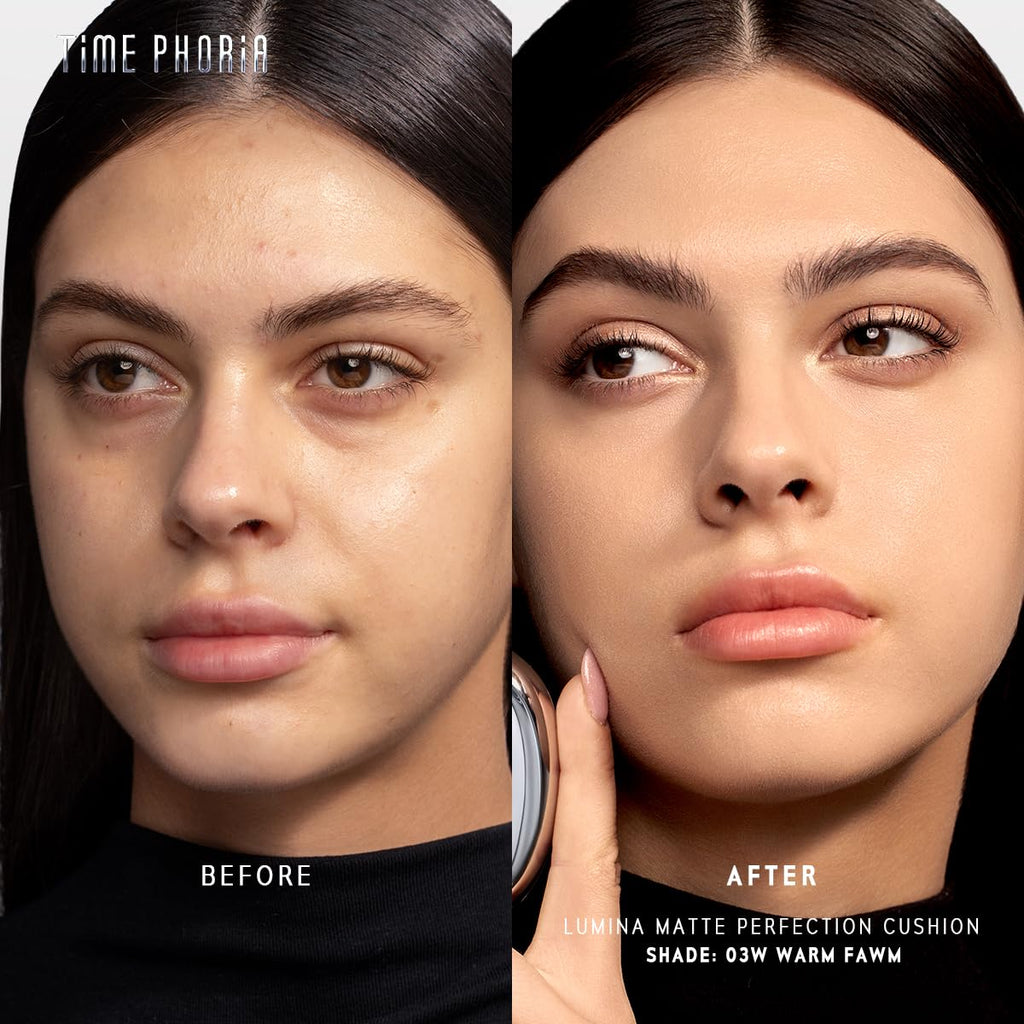 TIMEPHORIA Timeless Lumina Matte Cover Cushion Foundation -03W Warm Fawn, Full Coverage Air Cushion, Lightweight & Natural Flawless Matte Finish, 12H Oil Control, Long-Lasting, Waterproof, Sweatproof